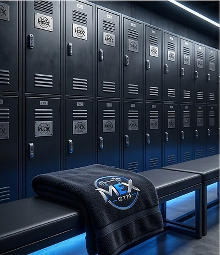 MEX GYM soyunma alanı, siyah dolaplar ve mavi ışık
