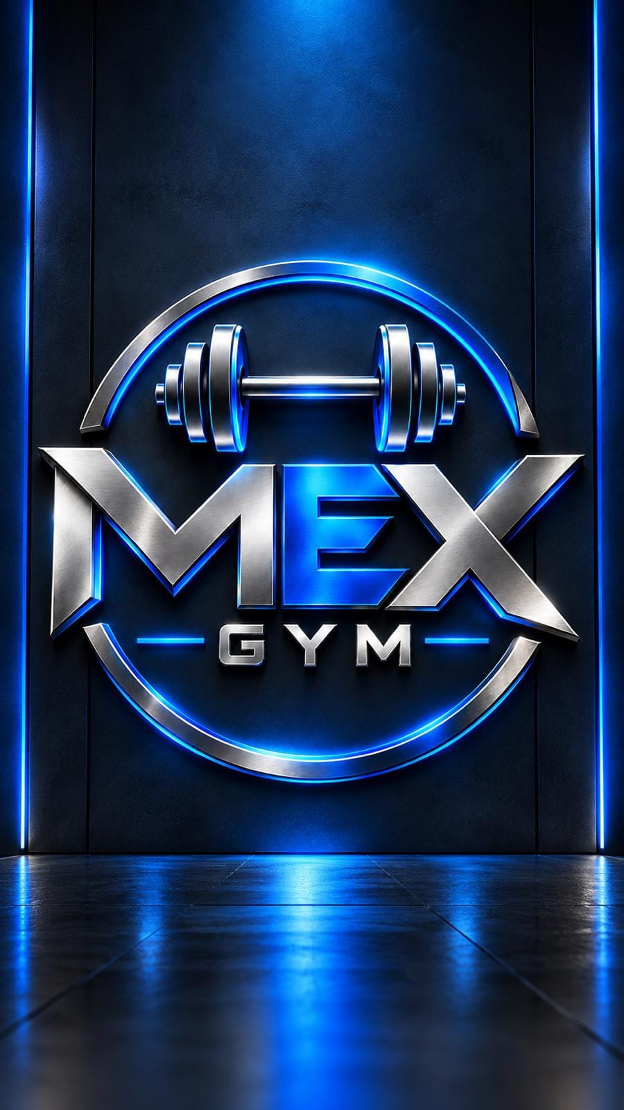 MEX GYM logosu, mavi neon ışık ve metal harfler